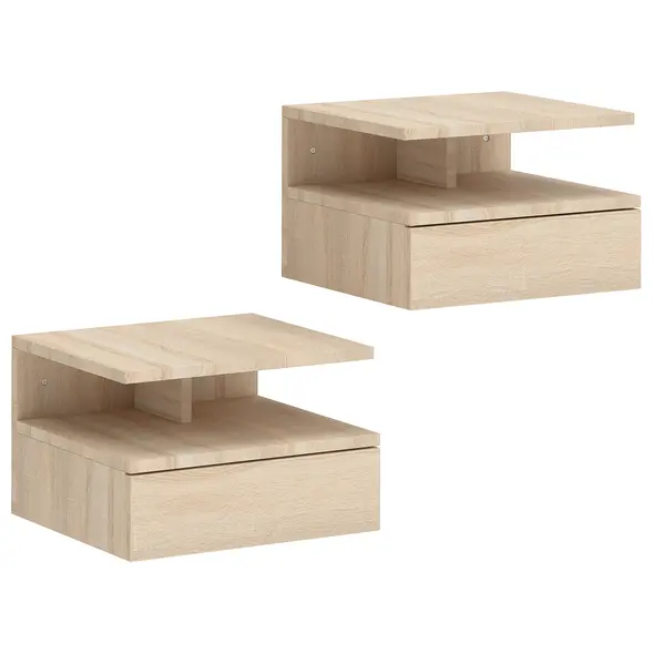 HOMCOM Set of Two Floating Bedside Tables - Oak Tone - 1