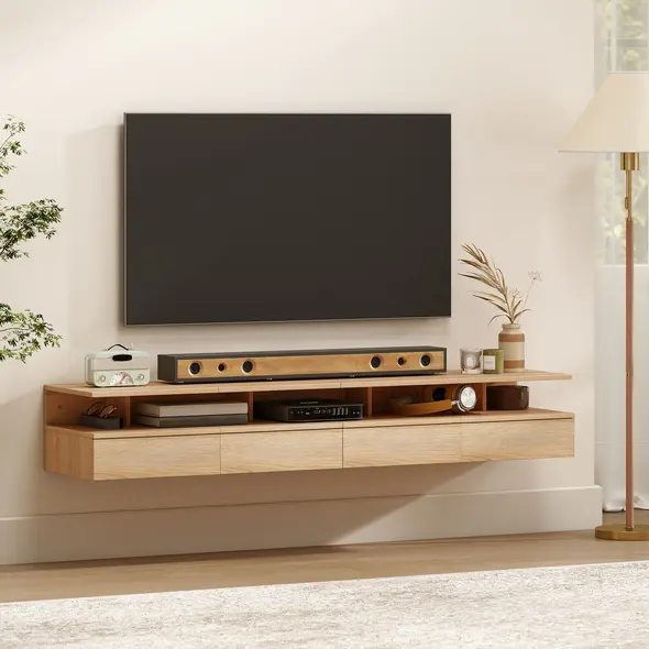 HOMCOM Set of Two Floating Bedside Tables - Oak Tone - 8