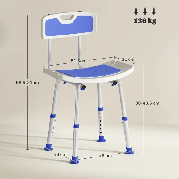 HOMCOM Shower Stool with Backrest, Height Adjustable Shower Chair with Anti-slip Foot Pads, Shower Head Holder, Blue - 3