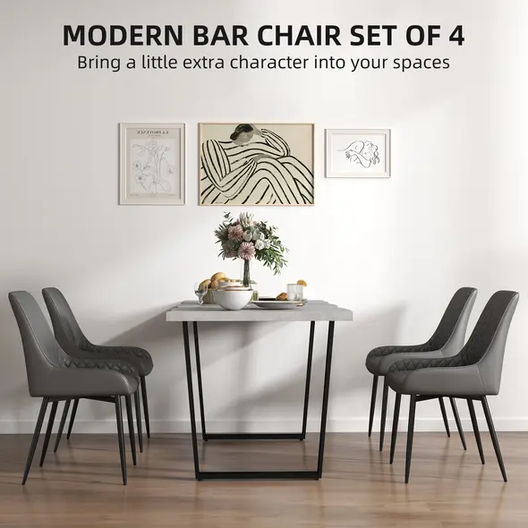 HOMCOM Set of 4 Quilted PU Leather Dining Chairs with Metal Frame 4 Legs Foot Caps Home Seating Modern Stylish Executive, Grey - 4