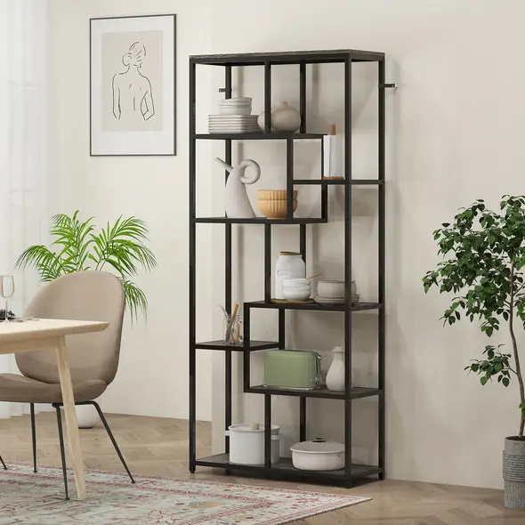 HOMCOM Seven-Tier Geometric Bookcase - Grey/Black - 8