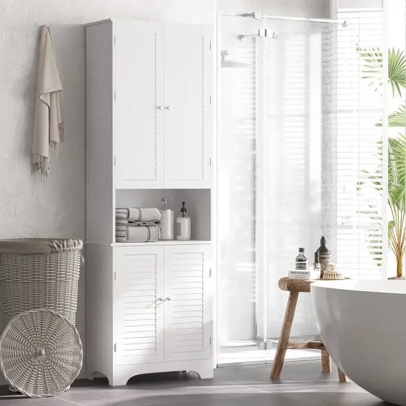 HOMCOM Tall Freestanding Bathroom Cabinet Retro Shutters w/ 3 Compartments Shelves Elevated Base Narrow Organiser White 60L x 30W x 182.5H cm - 2