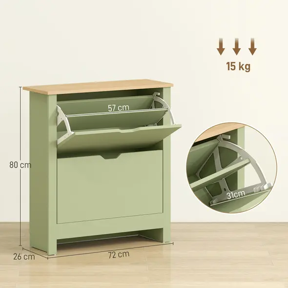 HOMCOM Slim Shoe Cabinet, Narrow Shoe Cupboard with 2 Flip Drawers, Adjustable Shelves for 12 Pairs of Shoes, Green - 3