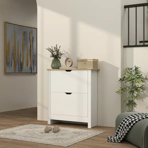 HOMCOM Slim Shoe Cabinet, Narrow Shoe Cupboard with 2 Flip Drawers, Adjustable Shelves for 12 Pairs of Shoes, High Gloss White - 2