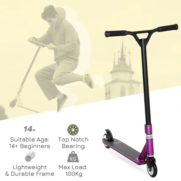 HOMCOM Stunt Scooter, 360° Entry Level Tricks Scooter w/ Lightweight Aluminium Deck and ABEC 7 Bearing, For Age 14+ Beginners, Purple - 4