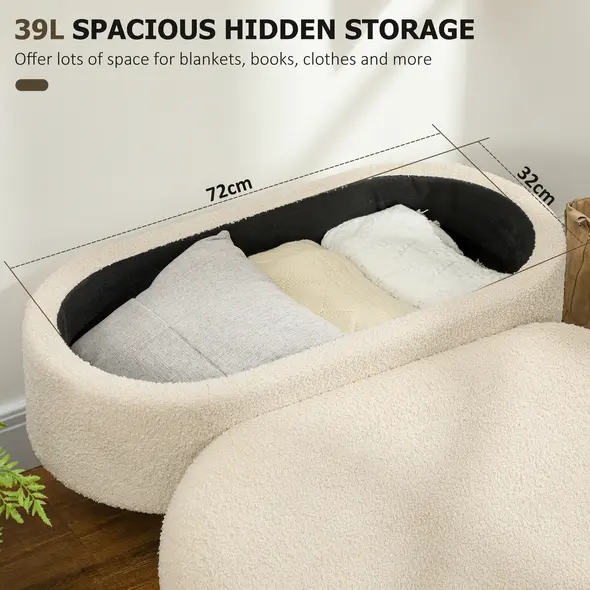 HOMCOM Teddy Fleece Storage Ottoman - Cream White - 4