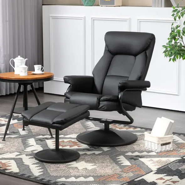 HOMCOM Swivel Recliner Chair with Footstool, PU Leather Recliner Armchair with Ottoman, Steel Base, Upholstered Reclining Chair for Living Room, Bedroom, Office, Black - 2