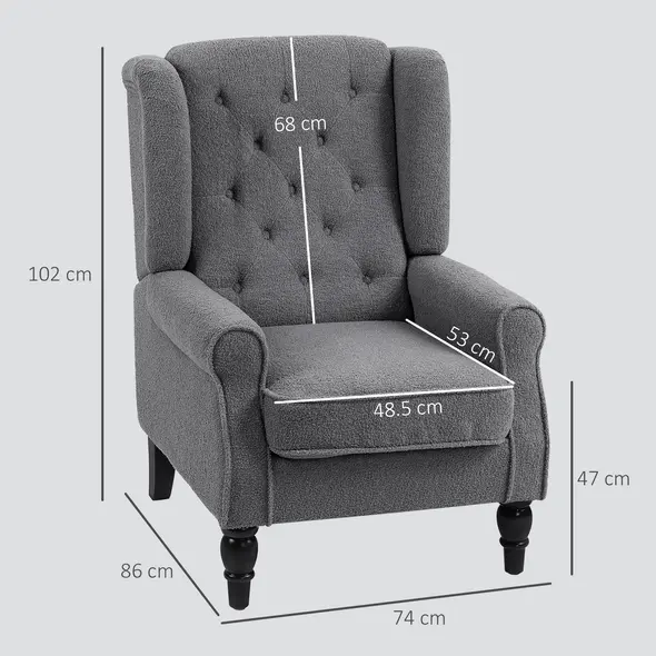 HOMCOM Teddy Fleece Retro Wingback Chair - Grey - 3