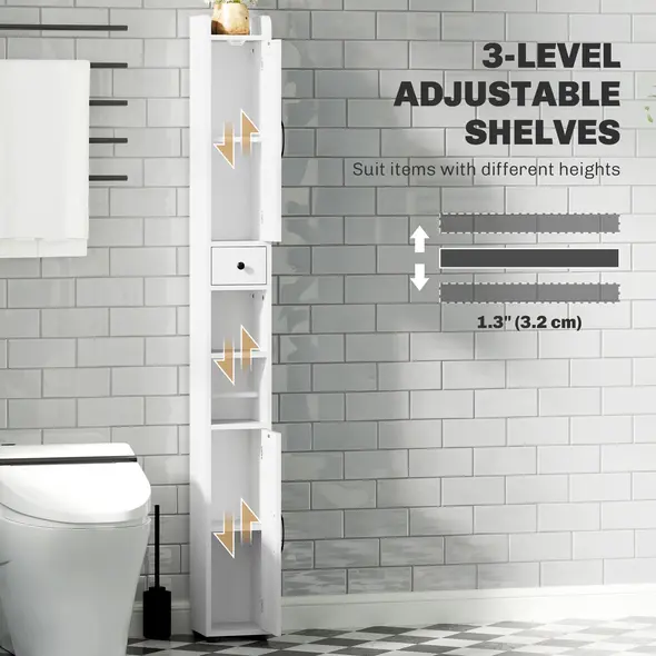 HOMCOM Tall Bathroom Cabinet, Farmhouse Slim Bathroom Storage Cabinet with Barn Doors, Toilet Paper Roll Holder, Drawer and Adjustable Shelves, Narrow Bathroom Storage Unit, 20 x 20 x 185cm, White - 5