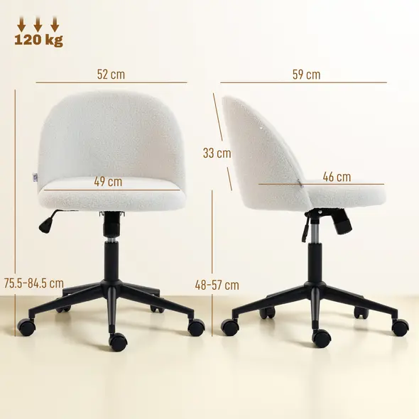 HOMCOM Teddy Fleece Office Chair with Wheels - Cream White - 3