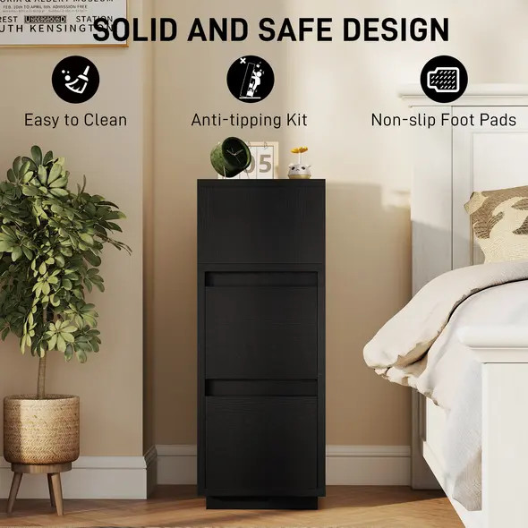 HOMCOM Slim Bedside Table, Narrow Bedside Cabinet with Open Shelf and 2 Drawers for Bedroom, Living Room, Black - 7