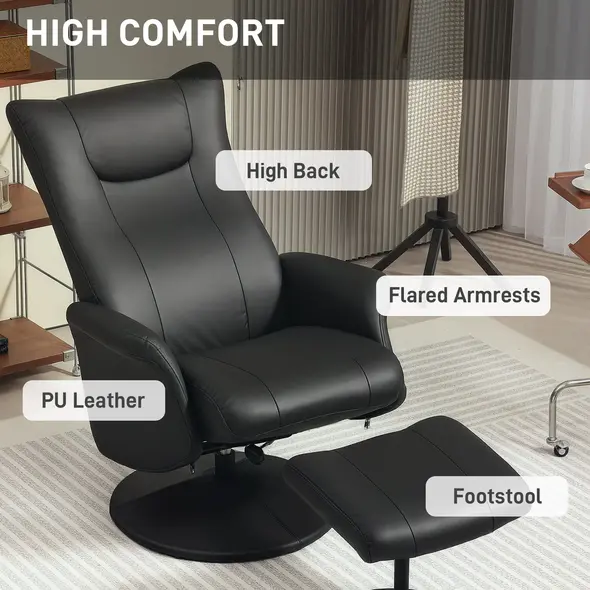 HOMCOM Swivel Recliner Chair with Footstool, PU Leather Recliner Armchair with Adjustable Back and Steel Frame, Reclining Chair Lounge with Flared Armrests for Living Room, Black - 5