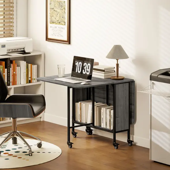 HOMCOM Six-Person Drop Leaf Dining Table - Grey/Black - 8