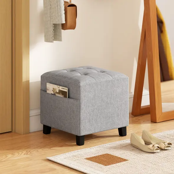 HOMCOM Square Footstool, Small Ottoman with Side Pocket, Linen Fabric Footrest Foot Stool with Rubber Wood Legs and Padded Seat for Living Room, Bedroom, Entryway, 35 x 35 x 35cm, Light Grey - 2