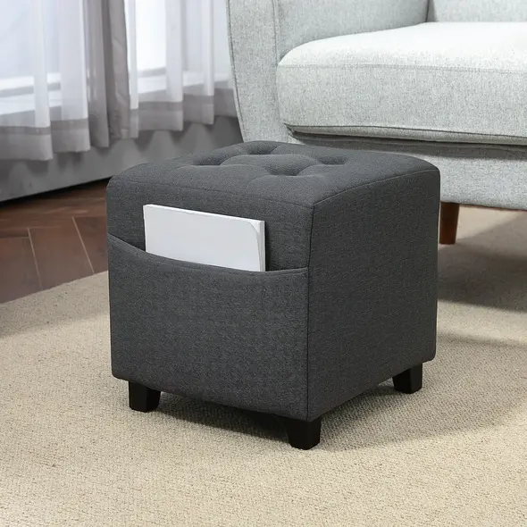 HOMCOM Square Footstool, Small Ottoman with Side Pocket, Linen Fabric Footrest Foot Stool with Rubber Wood Legs and Padded Seat for Living Room, Bedroom, Entryway, 35 x 35 x 35cm, Grey - 2