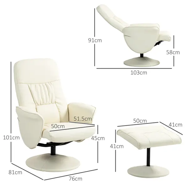 HOMCOM Swivel Recliner Chair with Footstool, PU Leather Armchair and Ottoman with High Back and Round Base for Living Room, Cream White - 3