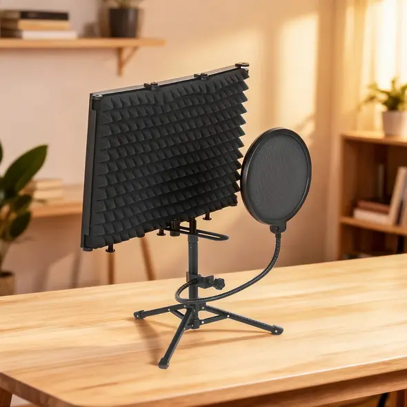 HOMCOM Studio Microphone Isolation Shield with Pop Filter and Tripod Stand, Foldable Adjustable Recording Studio Equipment, 3-Panel High Density Absorbent Foam Shield with 3/8" Threaded Mount, Black - 9