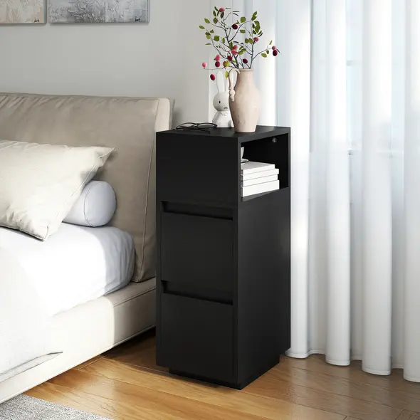HOMCOM Slim Bedside Table, Narrow Bedside Cabinet with Open Shelf and 2 Drawers for Bedroom, Living Room, Black - 8