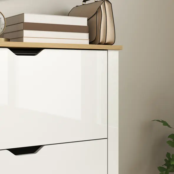 HOMCOM Slim Shoe Cabinet, Narrow Shoe Cupboard with 2 Flip Drawers, Adjustable Shelves for 12 Pairs of Shoes, High Gloss White - 9