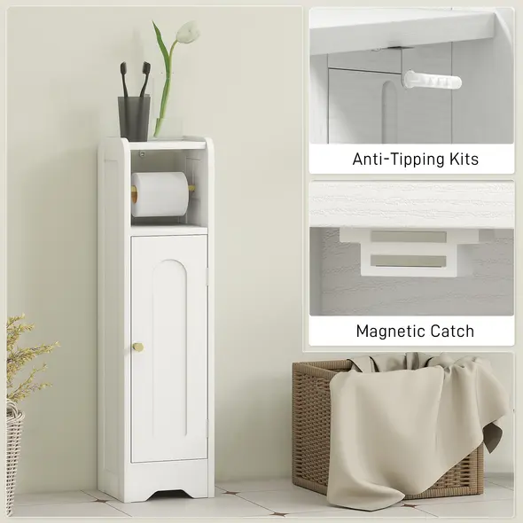 HOMCOM Small Bathroom Storage Cabinet with Toilet Roll Holder - White - 8
