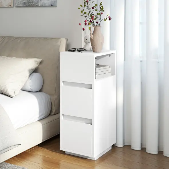 HOMCOM Slim Bedside Table, Narrow Bedside Cabinet with Open Shelf and 2 Drawers for Bedroom, Living Room, White - 8