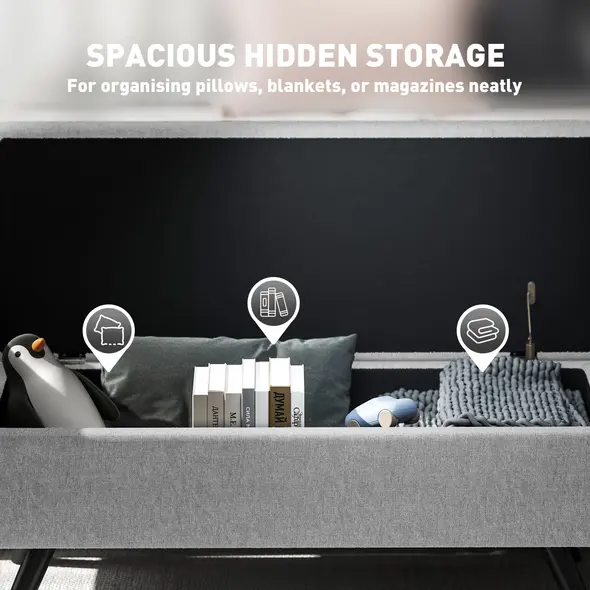 HOMCOM Storage Ottoman with Armrest, Upholstered Linen Storage Bench, Window Seat with Rubberwood Legs, Footstool for Bedroom Living Room, Hallway, Dark Grey - 5