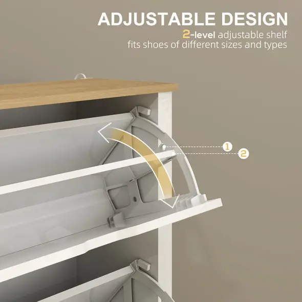 HOMCOM Slim Shoe Cabinet, Narrow Shoe Cupboard with 2 Flip Drawers, Adjustable Shelves for 12 Pairs of Shoes, High Gloss White - 5