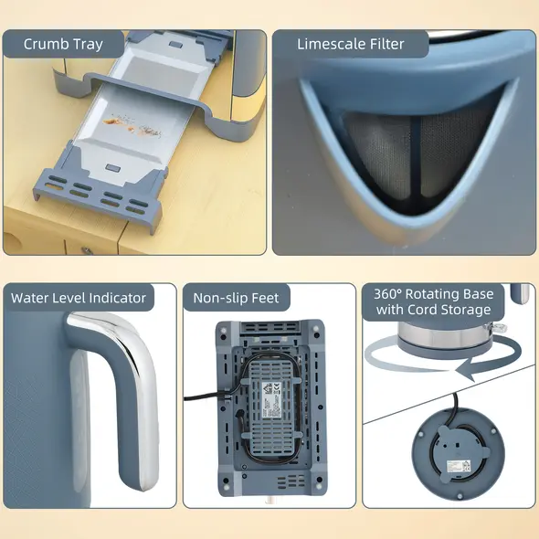 HOMCOM Sleek Textured Kettle and Toaster Set - Blue - 9