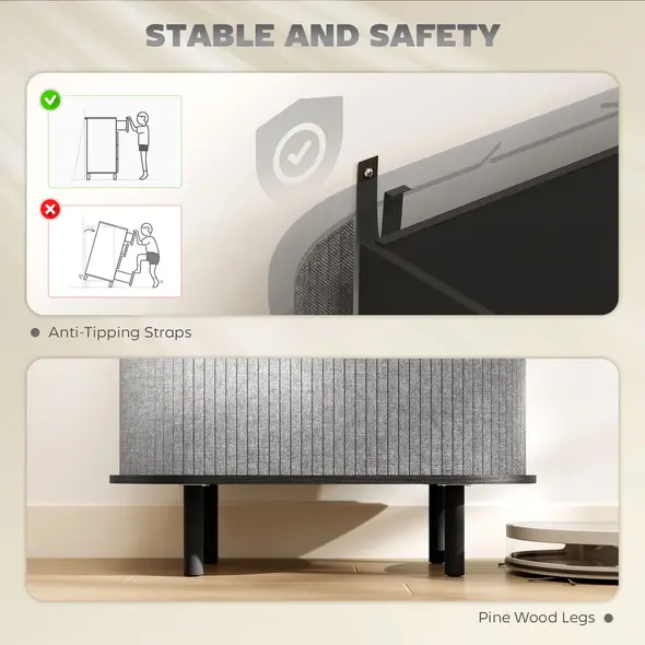 HOMCOM Tambour Sideboard with Fluted Sliding Doors, Modern Kitchen Cupboard with Storage Shelves and Wooden Legs, Grey - 7