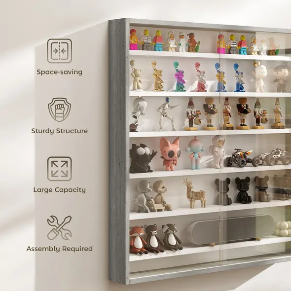 HOMCOM Six Shelf Display Cabinet, with Glass Doors - Graphite Wood Effect - 6