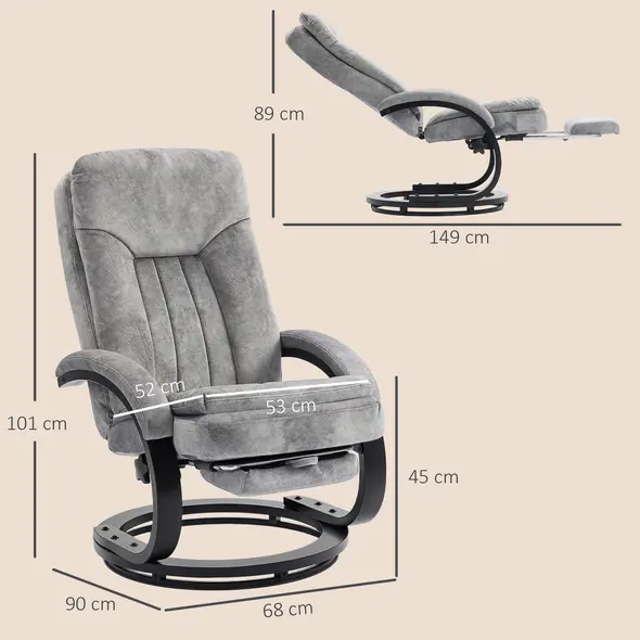HOMCOM Swivel Recliner Chair with Footrest, Manual Recliner Armchair with Wooden Base, Plush Velvet Upholstered Reclining Chair for Living Room, Bedroom, Office, Grey - 3