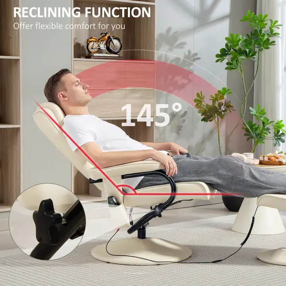 HOMCOM Swivel Recliner Chair and Footstool, Faux Leather Massage Recliner Armchair with Remote Control and Round Wrapped Base, Cream White - 5
