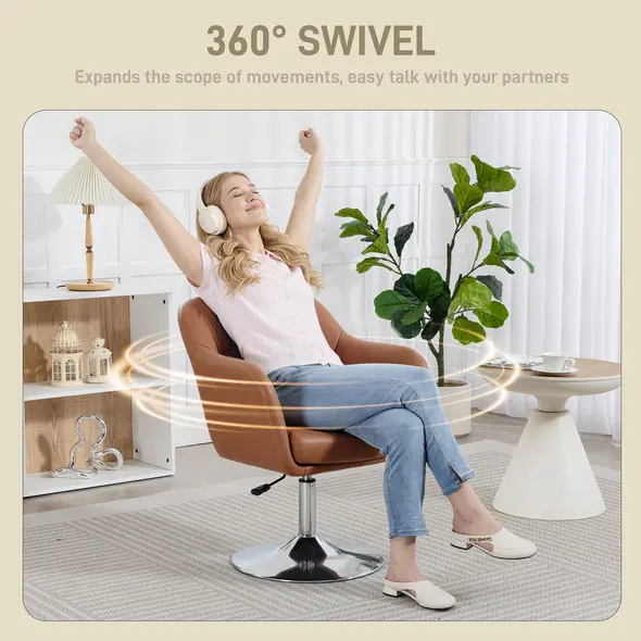 HOMCOM Swivel Microfibre Accent Chair for Living Room Contemporary Vanity Armchair with Adjustable Height Thick Cushion Lumbar Support Armrest for Bedroom Office Brown - 5