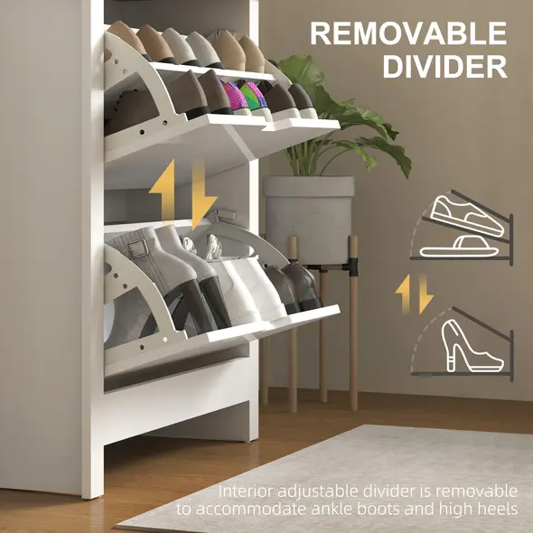 HOMCOM Slim Shoe Cabinet, Narrow Shoe Cupboard with 2 Flip Drawers, Adjustable Shelves for 12 Pairs of Shoes, High Gloss White - 6