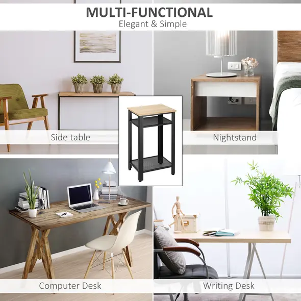 HOMCOM Tall Side Table Set of 2 with 3 Layer, 2 Shelves Storage Display Industrial-Style, Metal Frame, Bedside End Table for Living Room Bedroom, Oak and Black - 5