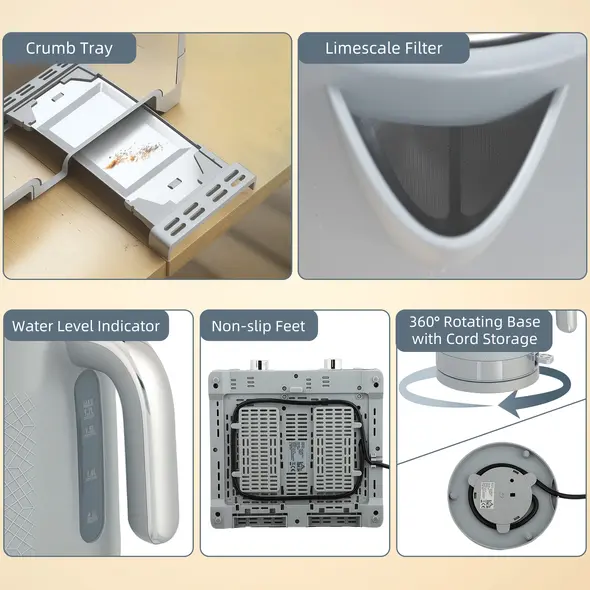 HOMCOM Sleek Textured Kettle and Four-Slice Toaster Set - Grey - 9