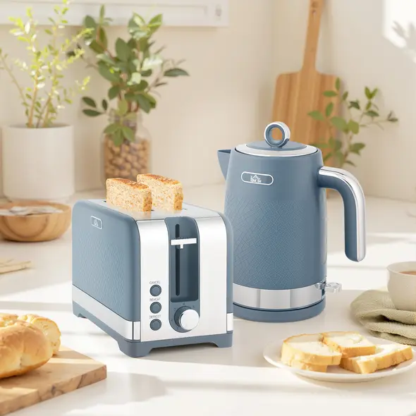 HOMCOM Sleek Textured Kettle and Toaster Set - Blue - 2
