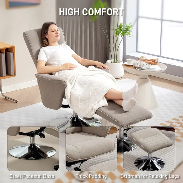 HOMCOM Swivel Recliner Chair with Footstool, Velvet Recliner Armchair with Ottoman, Steel Base, Upholstered Reclining Chair for Living Room, Bedroom, Office, Beige - 6