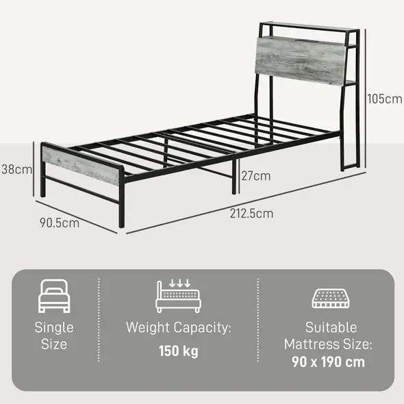 HOMCOM Single Steel Bed Frame, with LED Lights and Shelf - Grey - 3