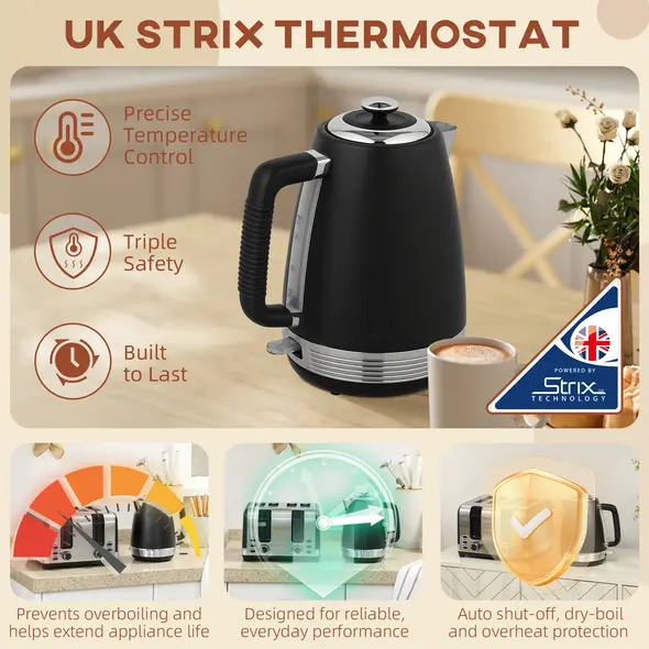 HOMCOM Stainless Steel Kettle and Toaster Set, 1.7L 3000W Rapid Boil Jug Kettle with UK Strix Thermostat, Limescale Filter, 4 Slice Toaster with 7 Browning Controls, Crumb Tray, Black and Silver Tone - 5