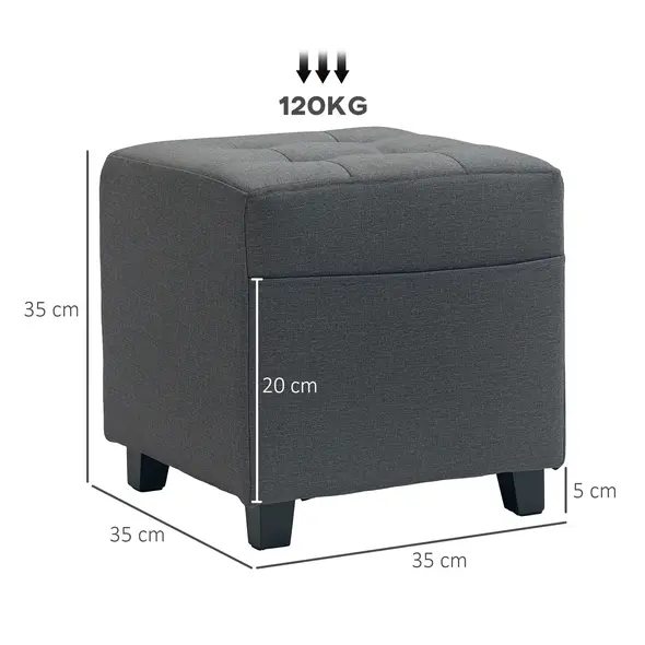 HOMCOM Square Footstool, Small Ottoman with Side Pocket, Linen Fabric Footrest Foot Stool with Rubber Wood Legs and Padded Seat for Living Room, Bedroom, Entryway, 35 x 35 x 35cm, Grey - 3