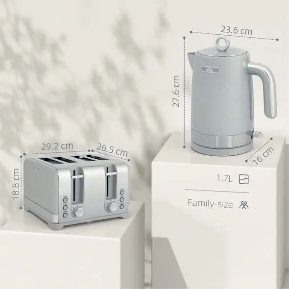 HOMCOM Sleek Textured Kettle and Four-Slice Toaster Set - Grey - 3