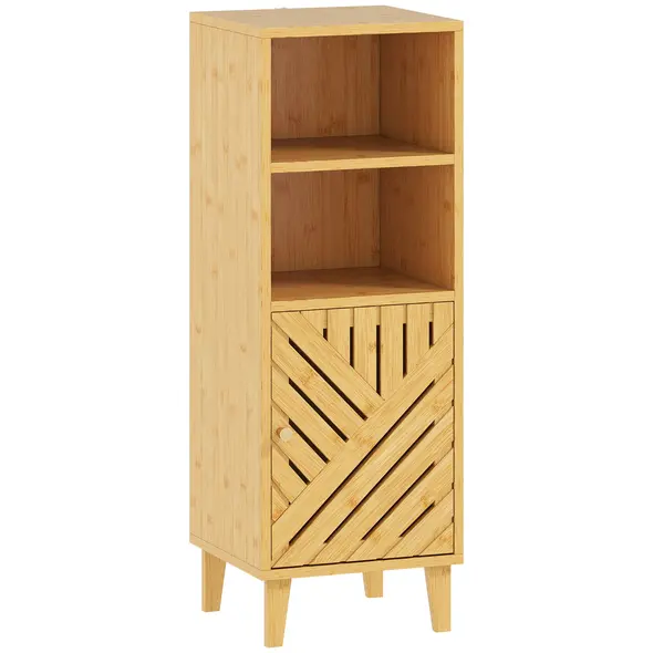 HOMCOM Slim Bathroom Cabinet with Bamboo Door and Legs, Narrow Bathroom Storage Cabinet, Freestanding Storage Cupboard with Open Compartments, 32 x 30 x 90 cm, Natural Wood Finish - 1