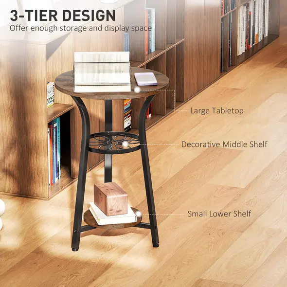 HOMCOM Small Round Side Table with 3 Storage Shelves - Rustic Brown - 4
