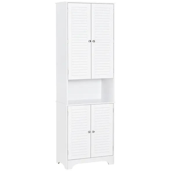 HOMCOM Tall Freestanding Bathroom Cabinet Retro Shutters w/ 3 Compartments Shelves Elevated Base Narrow Organiser White 60L x 30W x 182.5H cm - 1