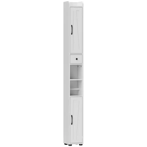 HOMCOM Tall Bathroom Cabinet, Farmhouse Slim Bathroom Storage Cabinet with Barn Doors, Toilet Paper Roll Holder, Drawer and Adjustable Shelves, Narrow Bathroom Storage Unit, 20 x 20 x 185cm, White - 1