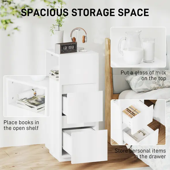HOMCOM Slim Bedside Table, Narrow Bedside Cabinet with Open Shelf and 2 Drawers for Bedroom, Living Room, White - 4