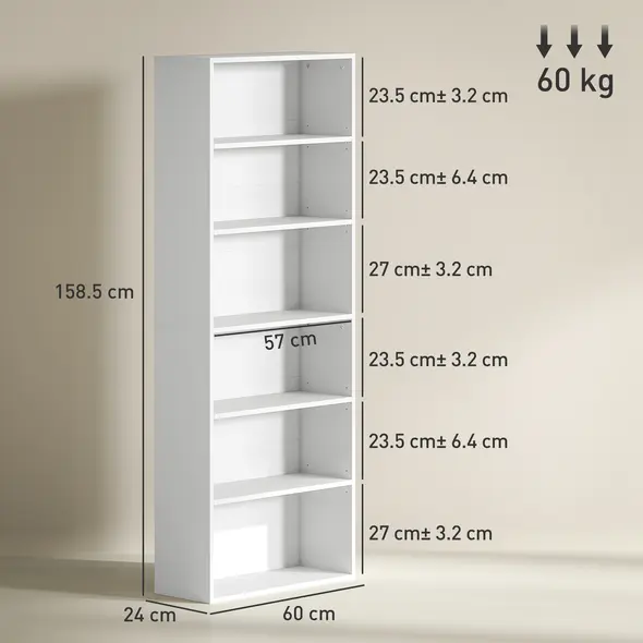 HOMCOM Six Shelf Bookcase - White - 3