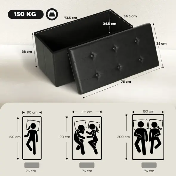 HOMCOM Storage Ottoman Bench, 89L PU Leather Folding Foot Rest Stool, End of Bed Bench, Easy Assembly, for Living Room, Bedroom, Entryway, Black - 3