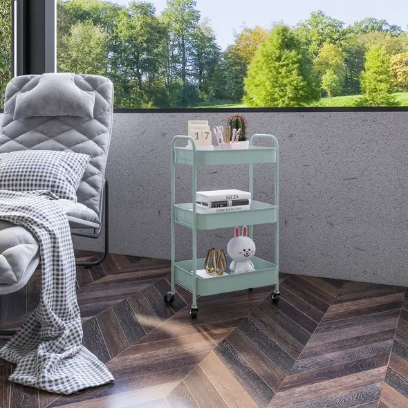 HOMCOM Three-Tier Steel Storage Trolley - Light Blue - 7